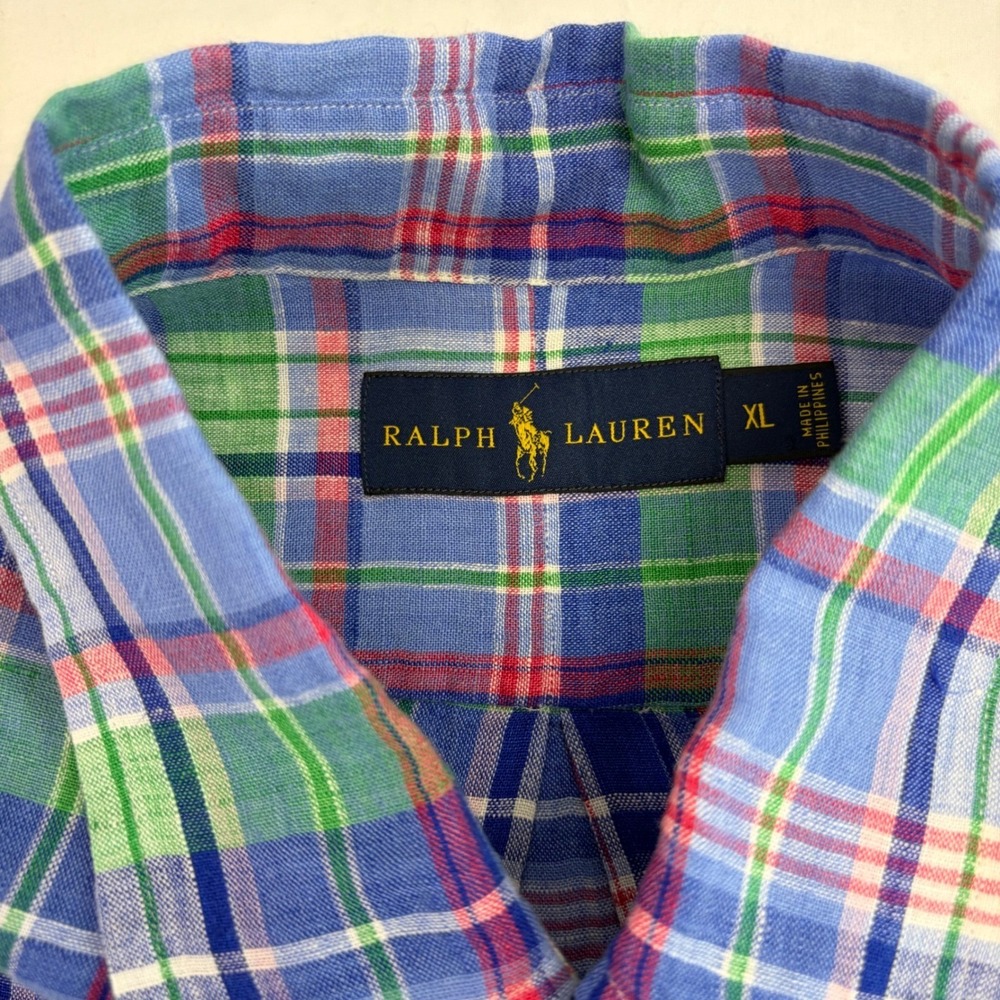 Ralph Lauren Linen Plaid Shirt XL Preppy Blue Button Down Short Sleeve Mens Top - Picture 4 of 11